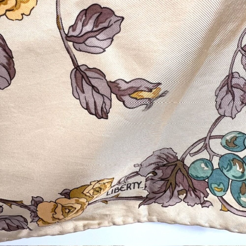 Vintage Unused Liberty  Silk Satin  Scarf 34"i light gold beige blue floral (99) - Picture 6 of 7